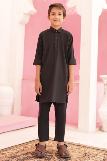 Pitch Black Kurta and Trouser Set with Shirt Collar For Boys